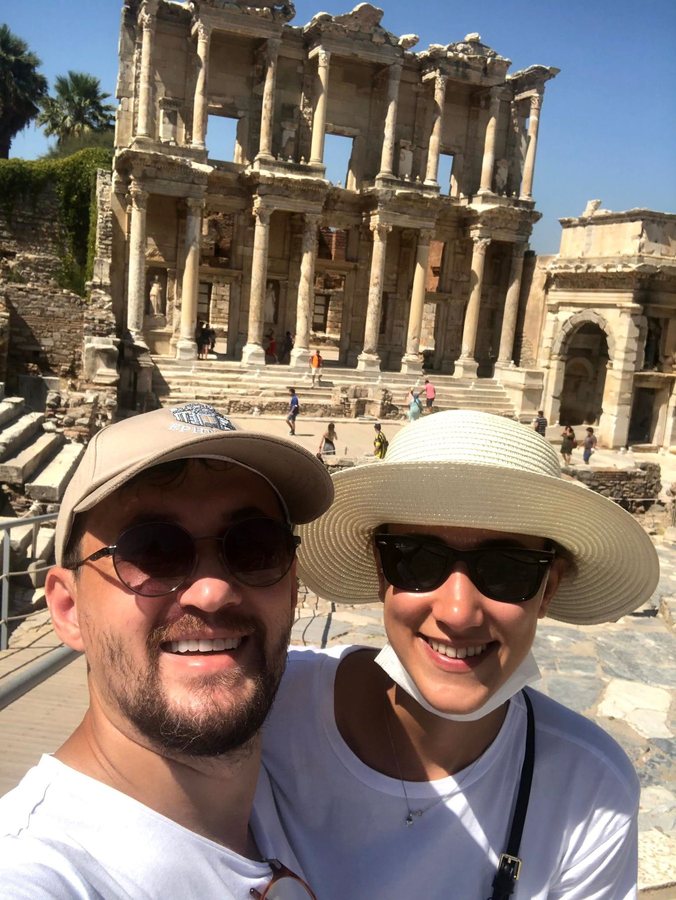 Levent Kutlu and his spouse at the Library of Celsus in Ephesus, Türkiye